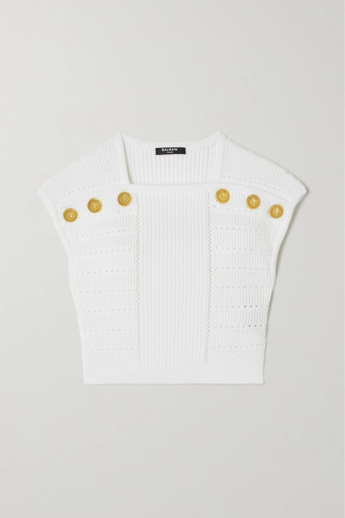 Cropped Button-embellished Ribbed-knit Top - White