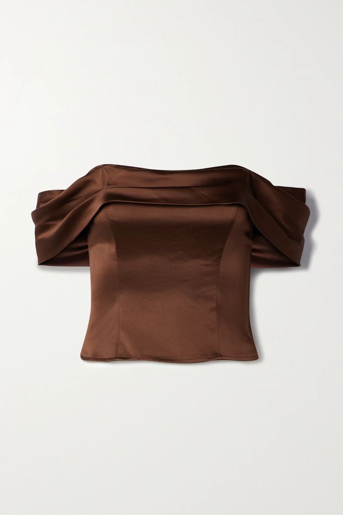 Lux Off-the-shoulder Pleated Silk-satin Top - Brown