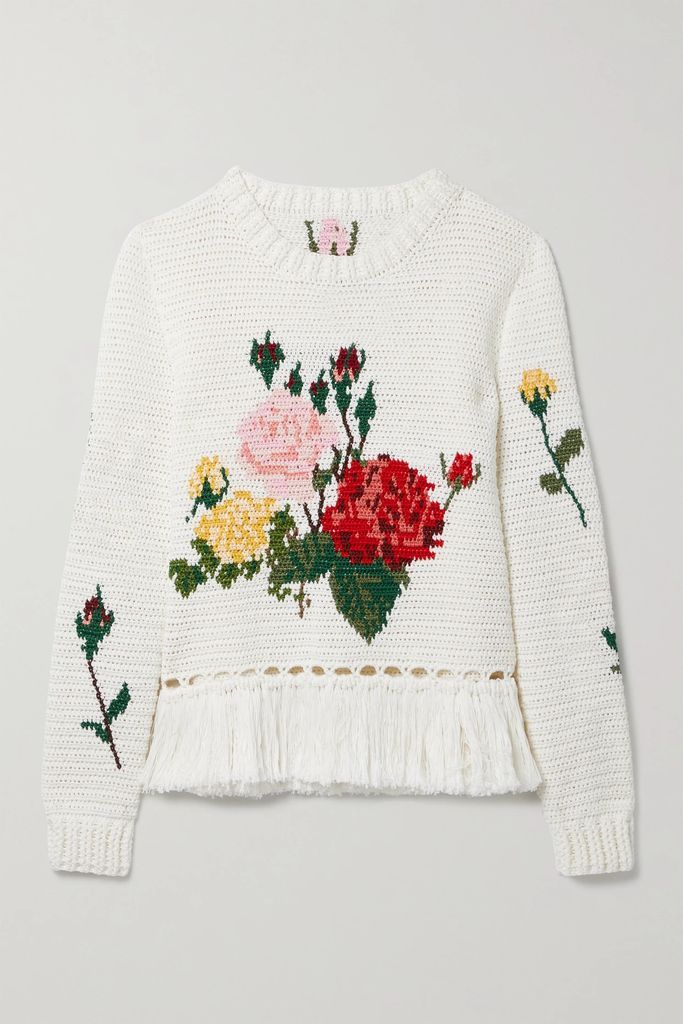 Fringed Crochet-knit Cotton Sweater - Ivory