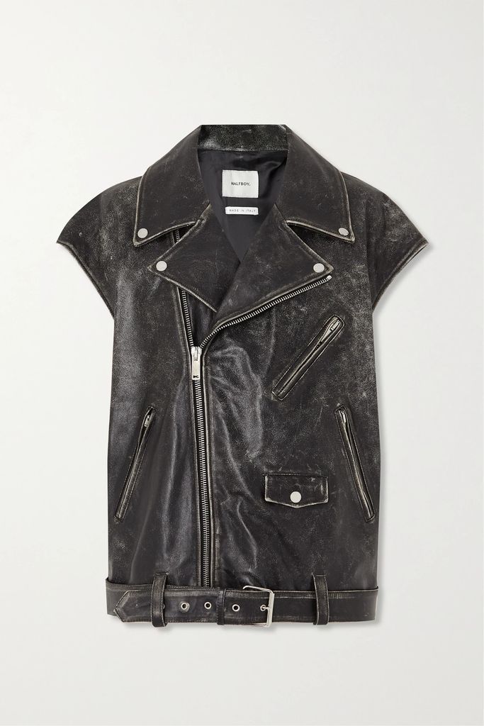 Oversized Distressed Leather Vest - Black