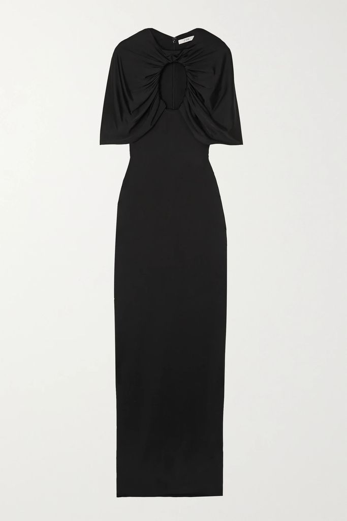Cape-effect Cutout Ruched Stretch-jersey Gown - Black