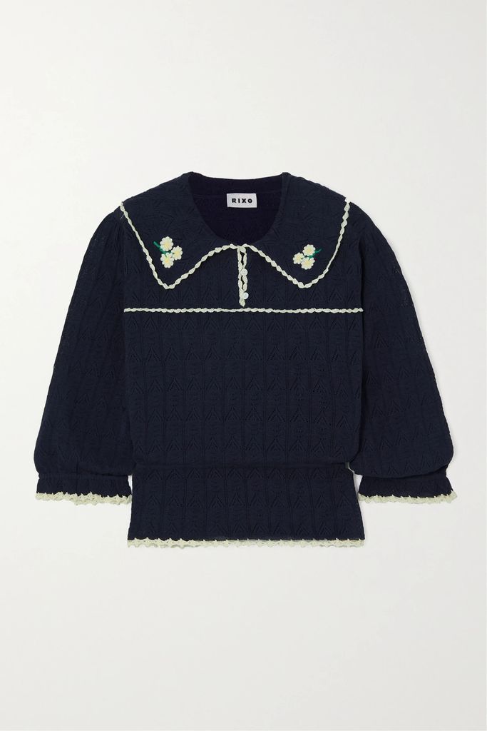Kali Scalloped Embroidered Pointelle-knit Top - Navy