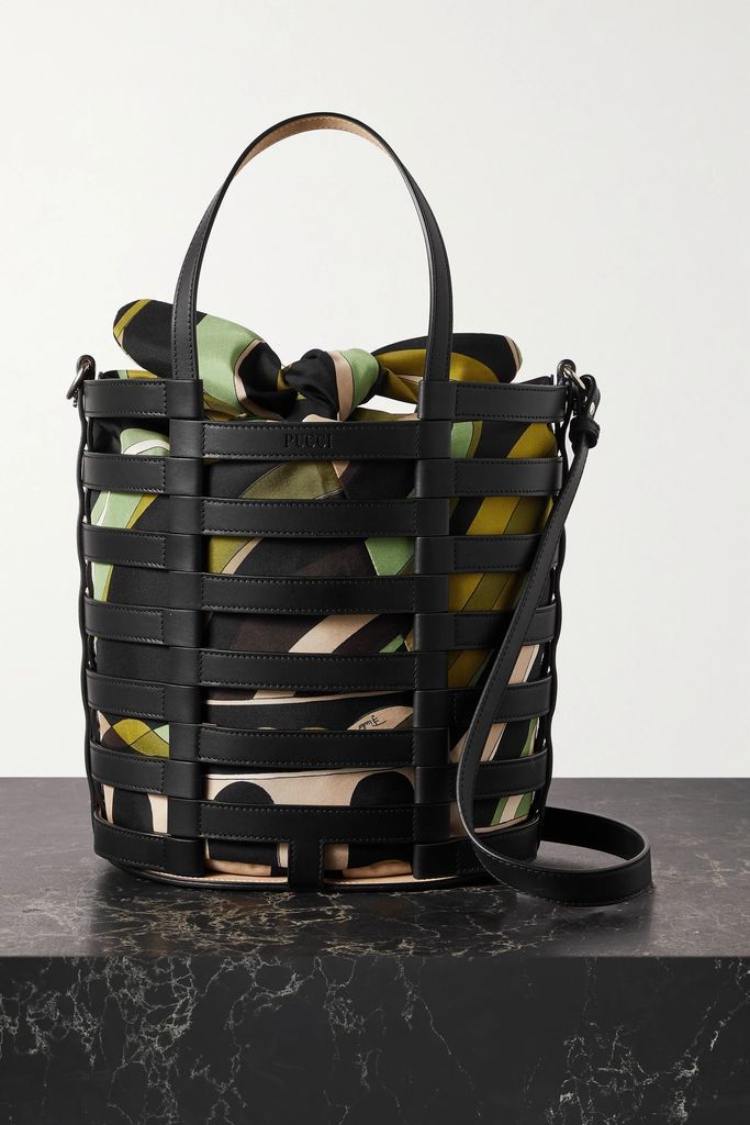 Lido Large Leather And Printed Silk-twill Bucket Bag - Black