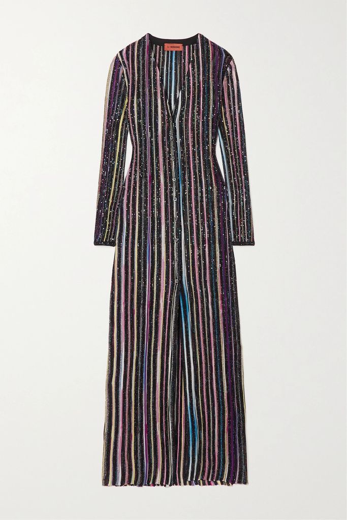 Sequin-trimmed Striped Metallic Ribbed-knit Cardigan - Black