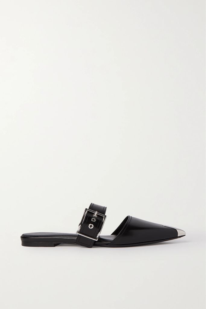 Buckled Leather Point-toe Flats - Black
