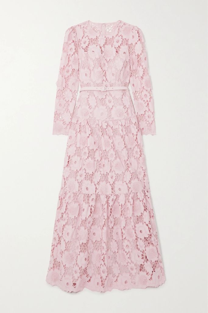Belted Cotton Guipure Lace Maxi Dress - Pink