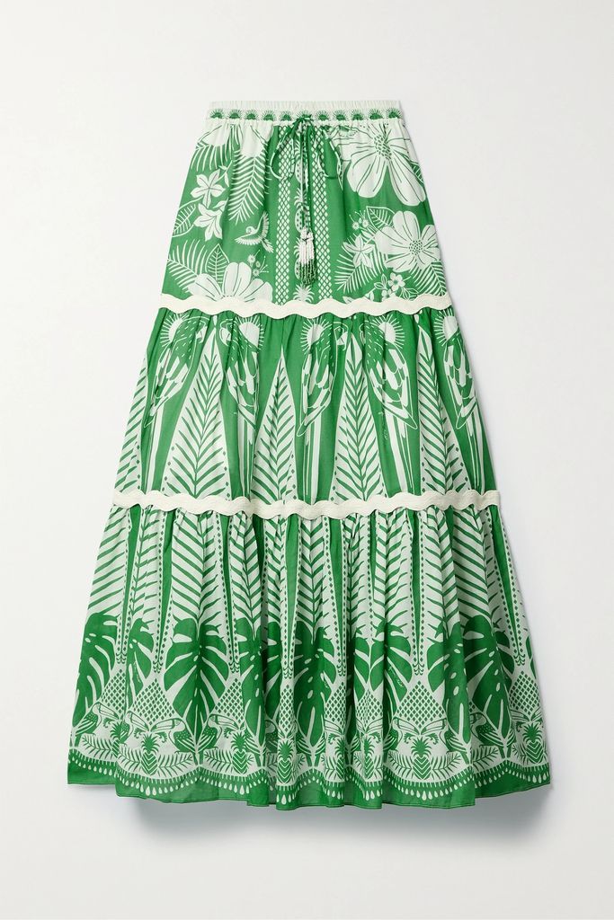 Tiered Ric Rac-trimmed Printed Cotton-voile Maxi Skirt - Green