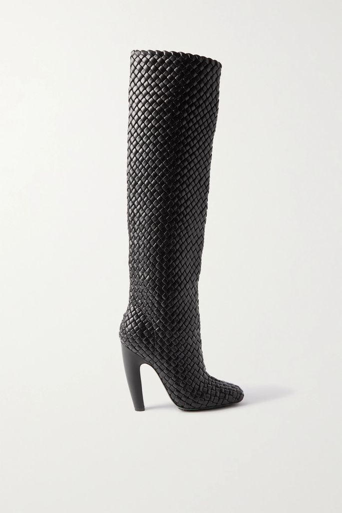 Mini Lido Intrecciato Leather Knee Boots - Black