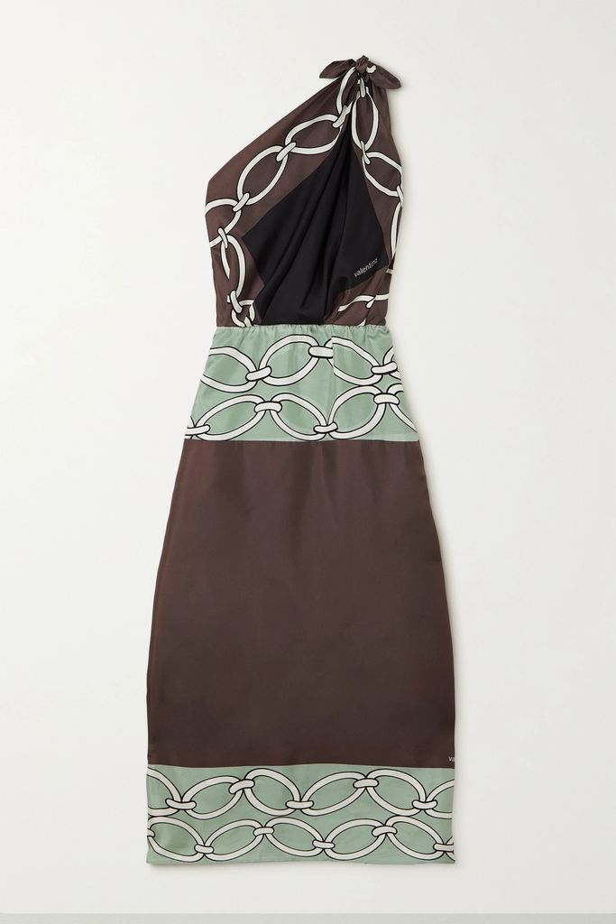 One-shoulder Printed Silk-twill Midi Dress - Brown