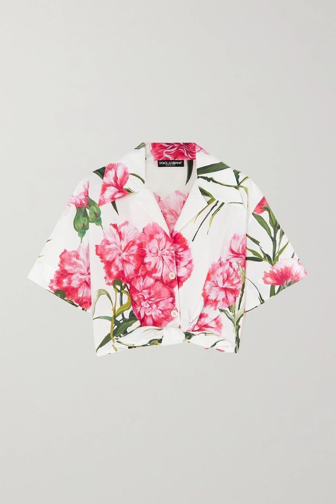 Cropped Tie-front Floral-print Cotton-poplin Shirt - Pink
