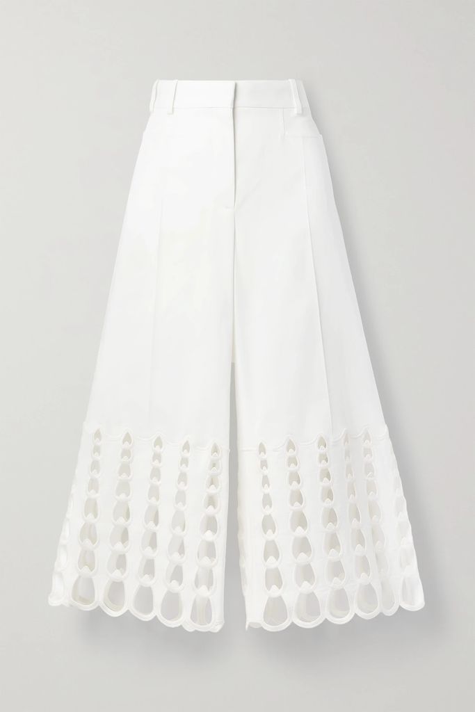 Cropped Broderie Anglaise Cotton-twill Wide-leg Pants - White