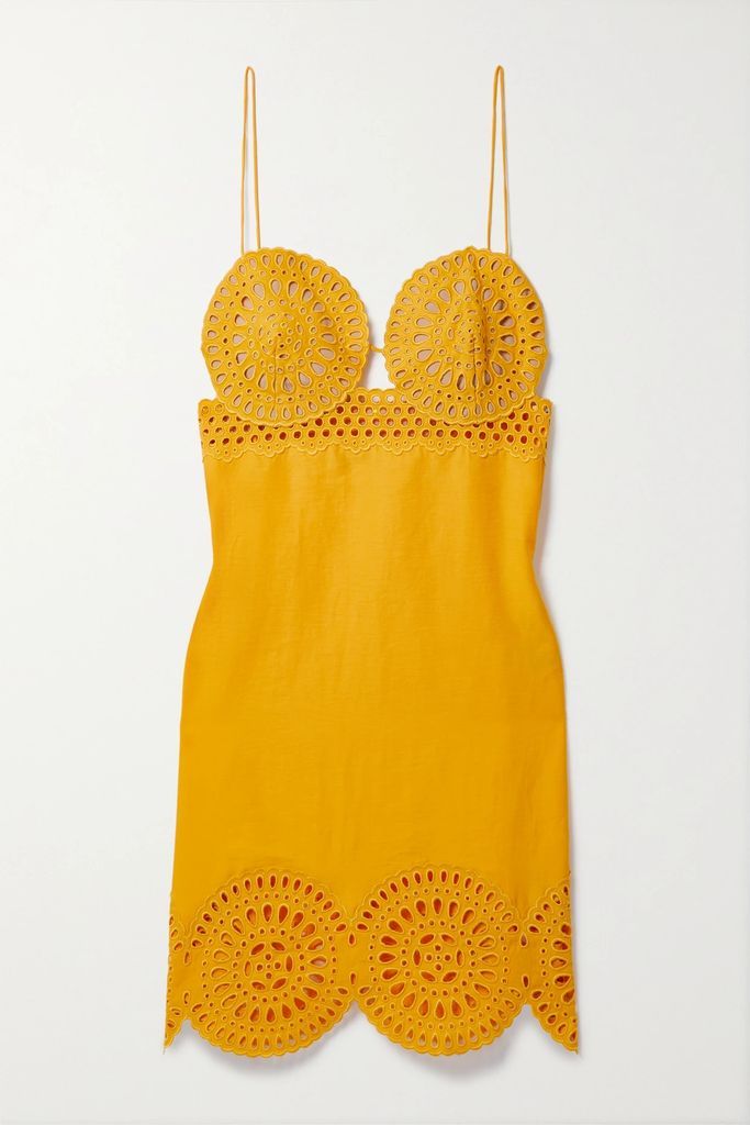 Broderie Anglaise And Twill Mini Dress - Yellow