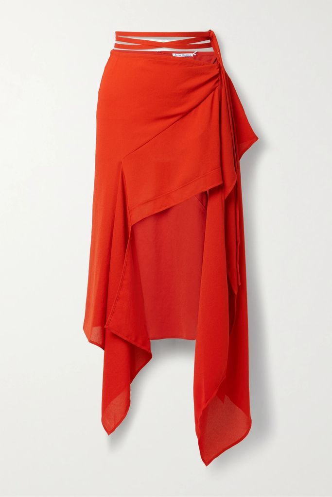 Asymmetric Draped Ruffled Crepe De Chine Midi Skirt - Red