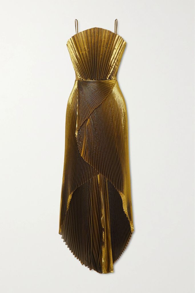 Draped Silk-blend Plissé-lamé Gown - Gold
