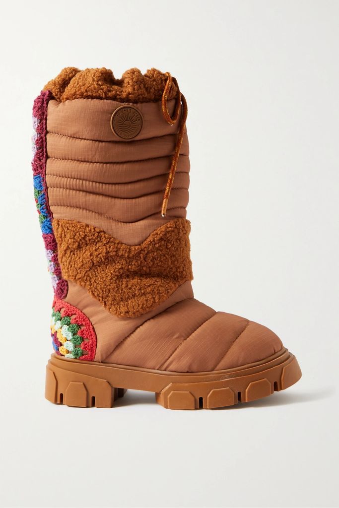 Appliquéd Crochet And Faux Shearling-trimmed Padded Shell Boots - Sand