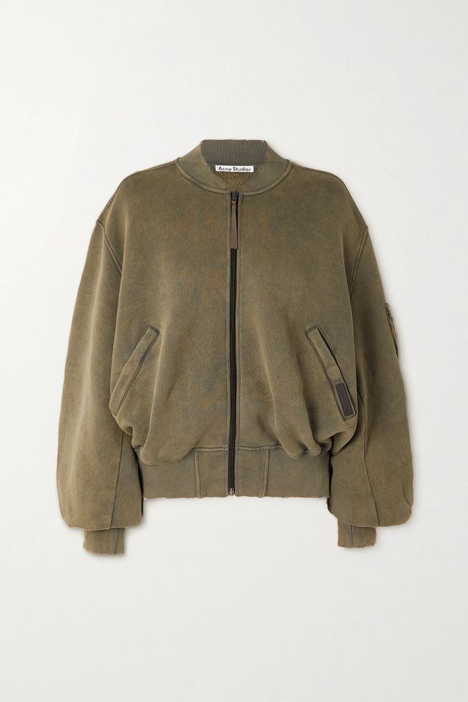 Distressed Cotton-jersey Bomber Jacket - Army green