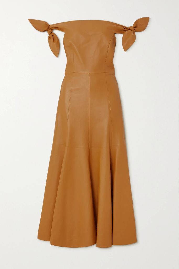 Eda Off-the-shoulder Knotted Leather Midi Dress - Brown
