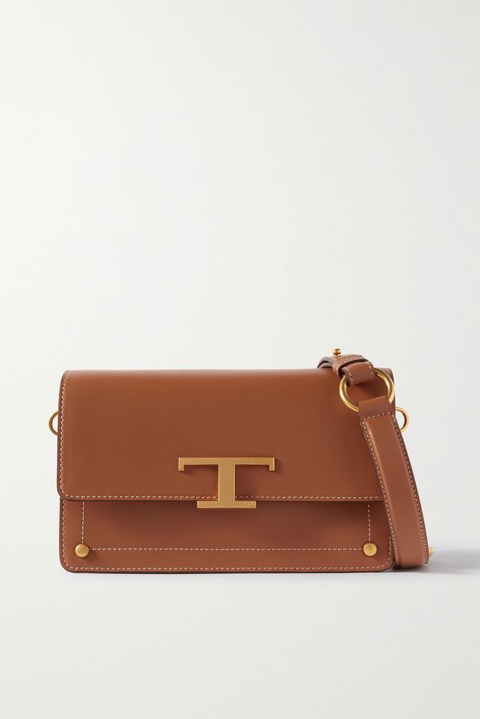 T Timeless Embellished Leather Shoulder Bag - Tan