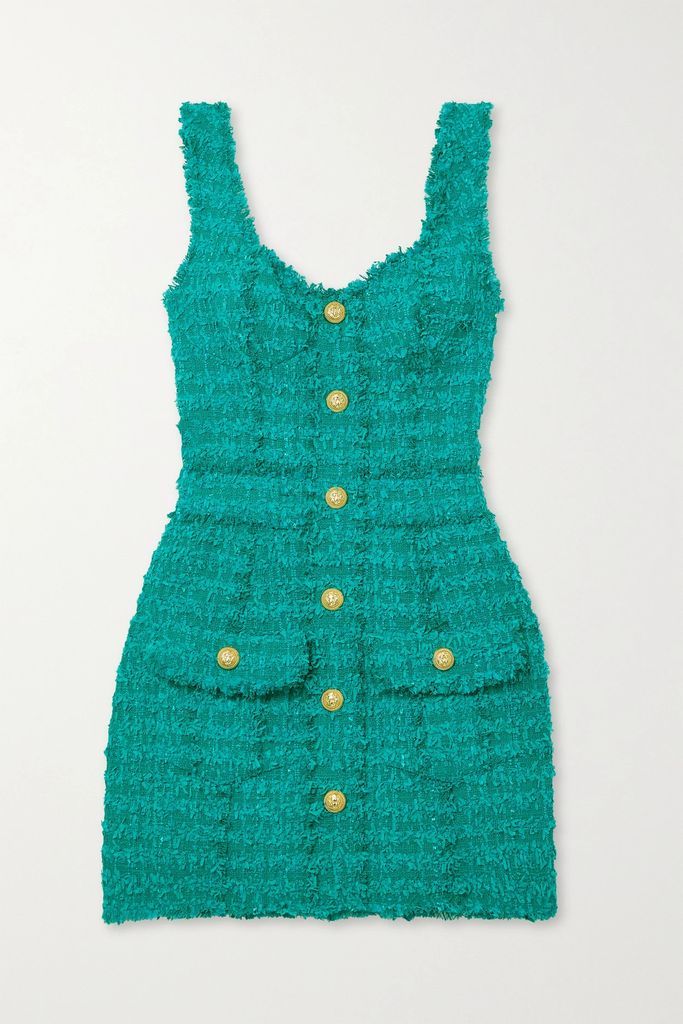 Embellished Cotton-blend Bouclé Mini Dress - Turquoise