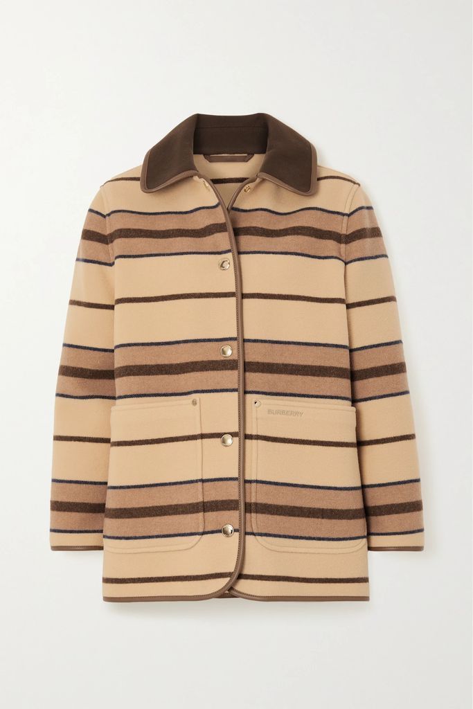 Leather-trimmed Striped Wool-felt Jacket - Brown