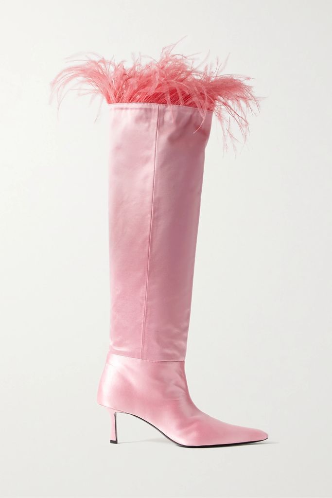 Viola Feather-trimmed Satin Over-the-knee Boots - Pink