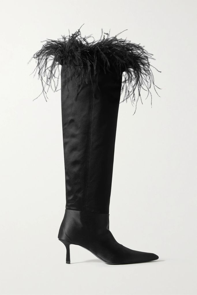 Viola Feather-trimmed Satin Over-the-knee Boots - Black