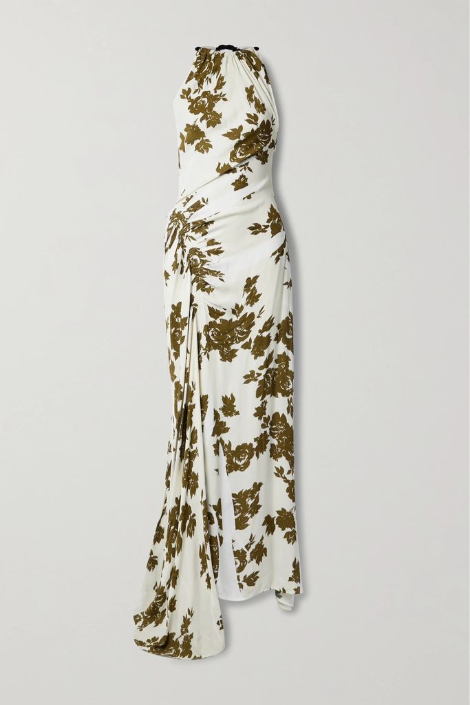Asymmetric Ruched Floral-print Crepe De Chine Maxi Dress - White