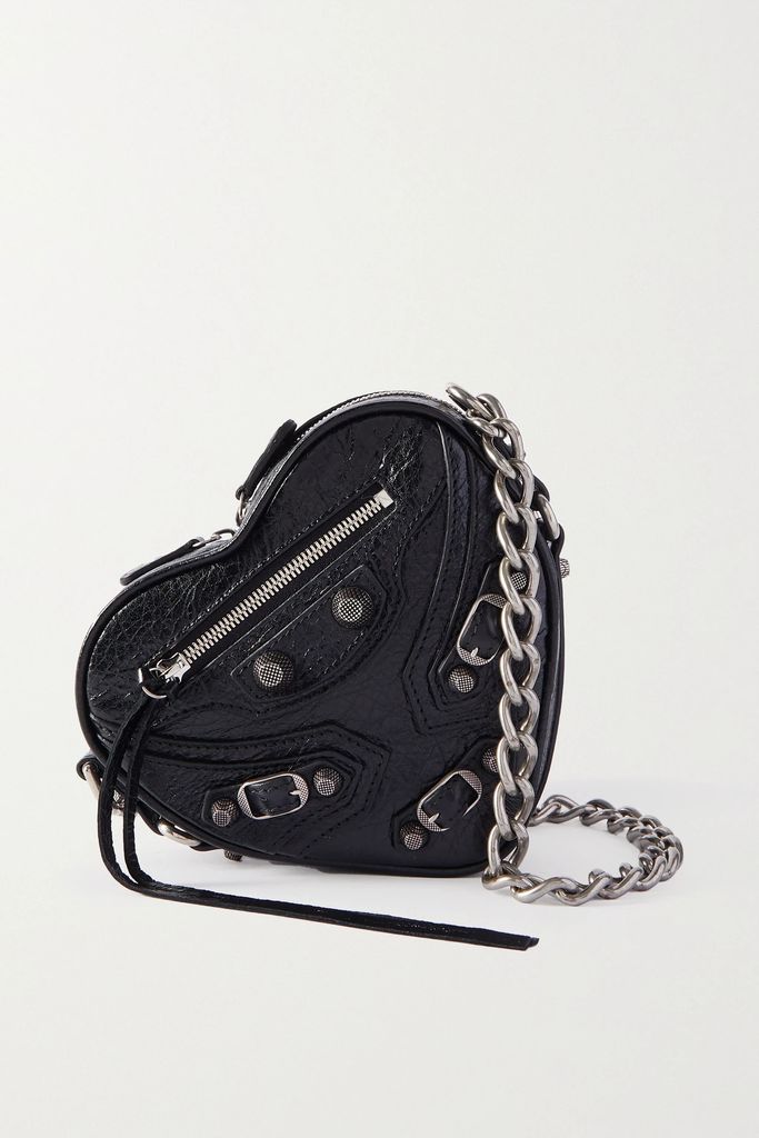 Le Cagole Heart Mini Studded Crinkled-leather Shoulder Bag - Black