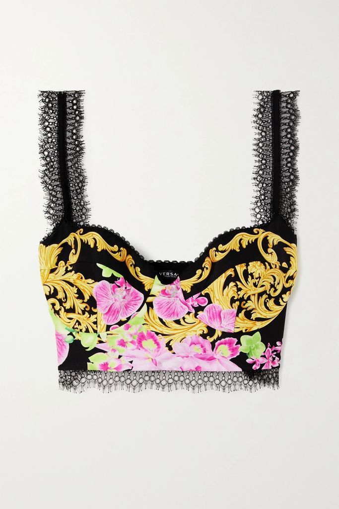 Lace-trimmed Printed Silk-twill Bralette - Black