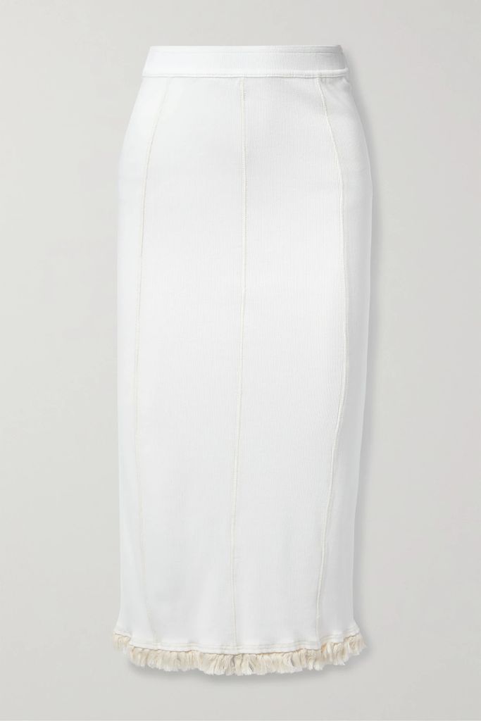 Tasseled Ribbed-knit Midi Skirt - White