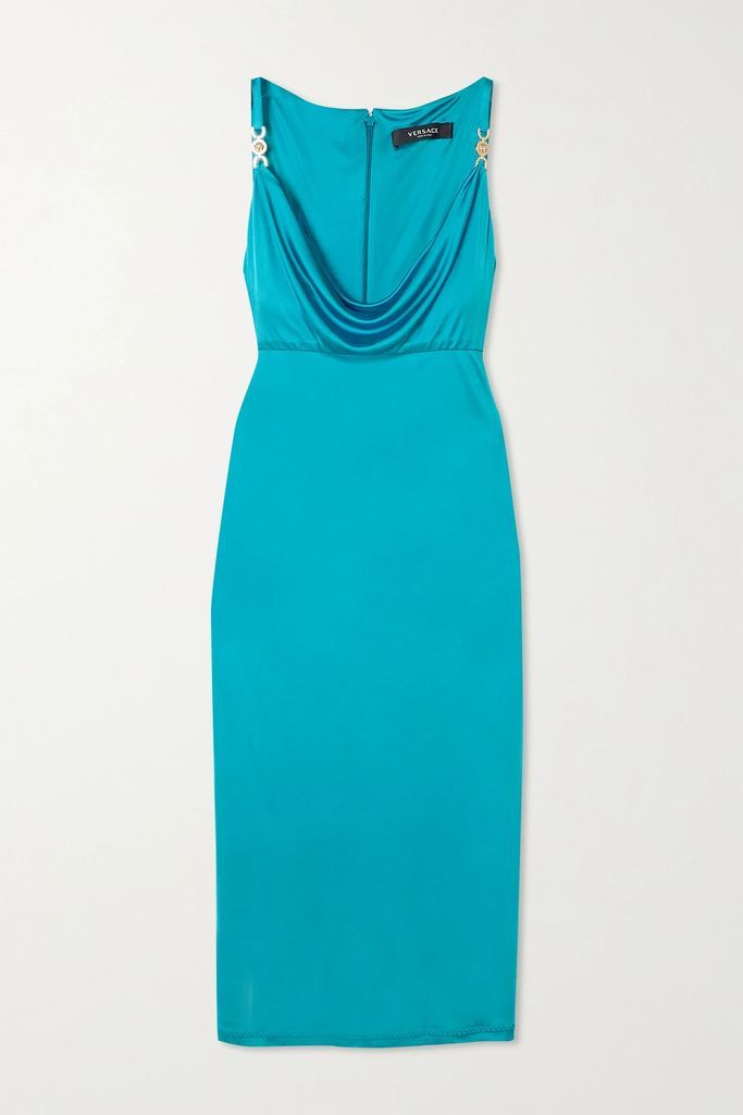 Embellished Draped Metallic Jersey Dress - Blue