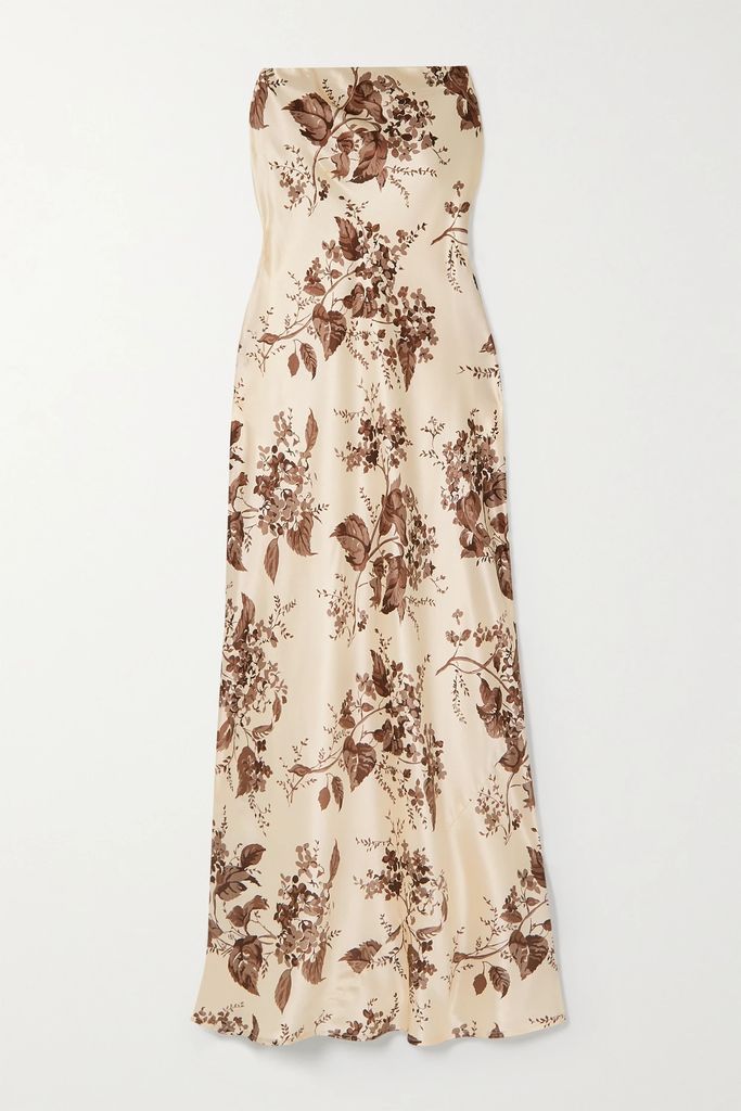 Joana Strapless Floral-print Silk-charmeuse Midi Dress - Beige