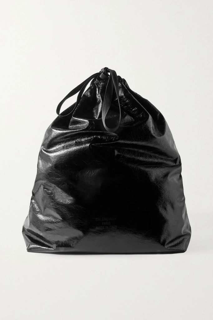 Trash Bag Crinkled Glossed-leather Tote - Black