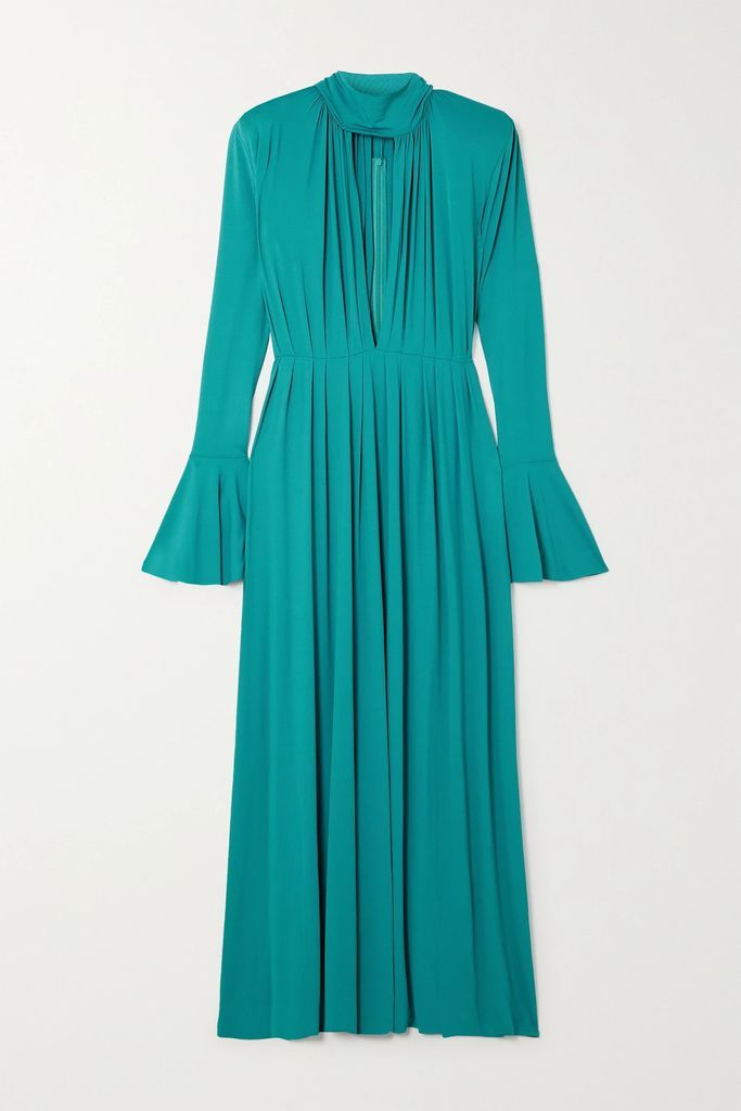 Appliquéd Pleated Jersey-crepe Gown - Blue