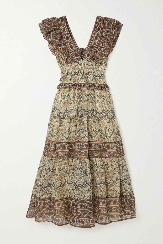 Marlee Ruffled Printed Cotton-voile Midi Dress - Brown
