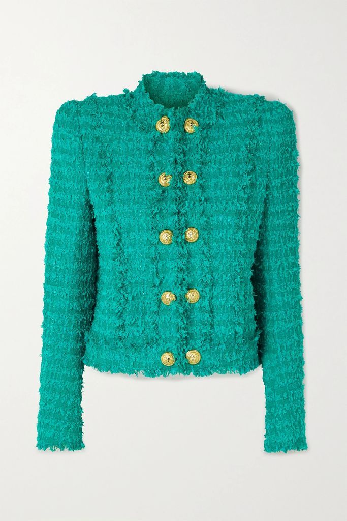Fringed Cotton-blend Tweed Jacket - Turquoise
