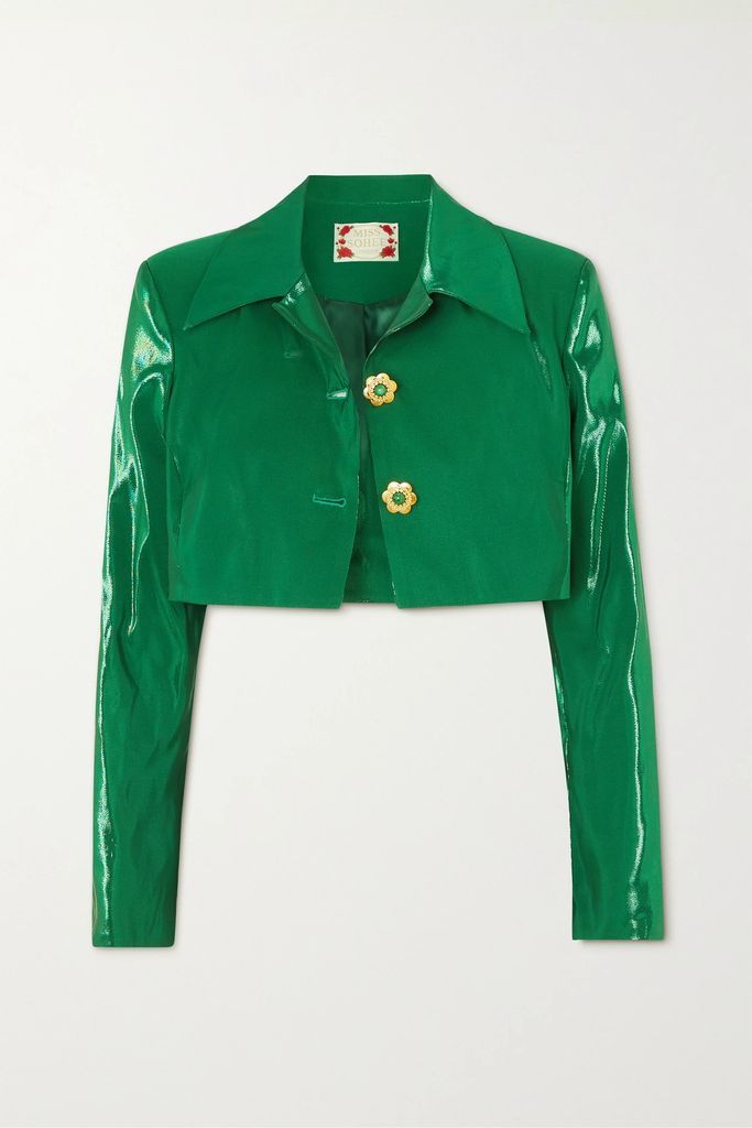 + The Vanguard Cropped Embellished Metallic Silk Jacket - Green