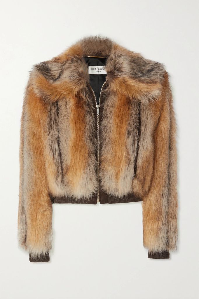 Cropped Jersey-trimmed Faux Fur Bomber Jacket - Neutral