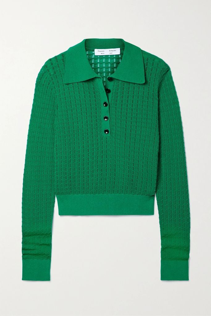 Open-knit Cotton-blend Polo Sweater - Green