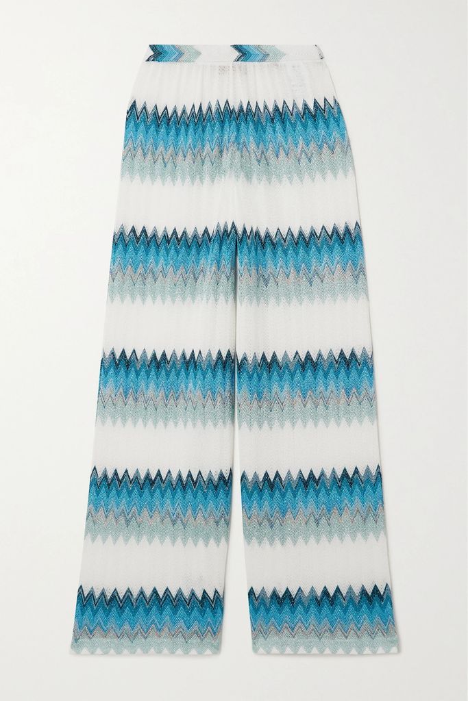 Striped Metallic Crochet-knit Wide-leg Pants - Blue