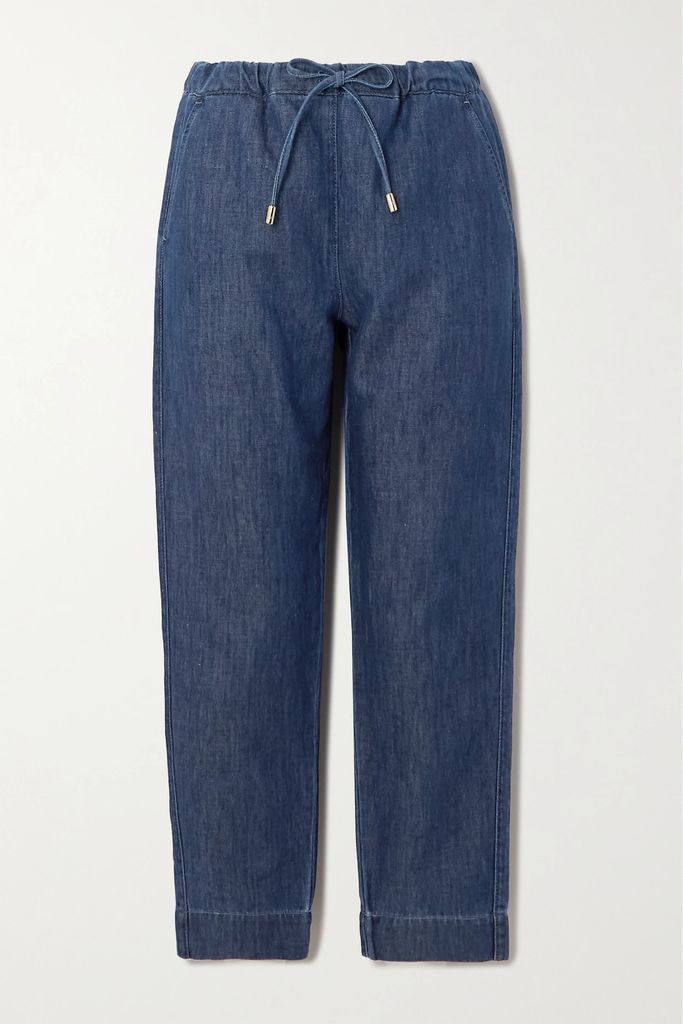 Leisure Pool Cotton And Linen-blend Chambray Tapered Pants - Navy