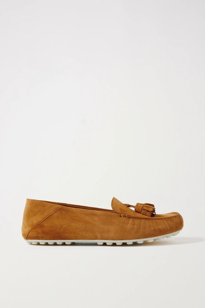 Tasseled Suede Collapsible-heel Loafers - Tan