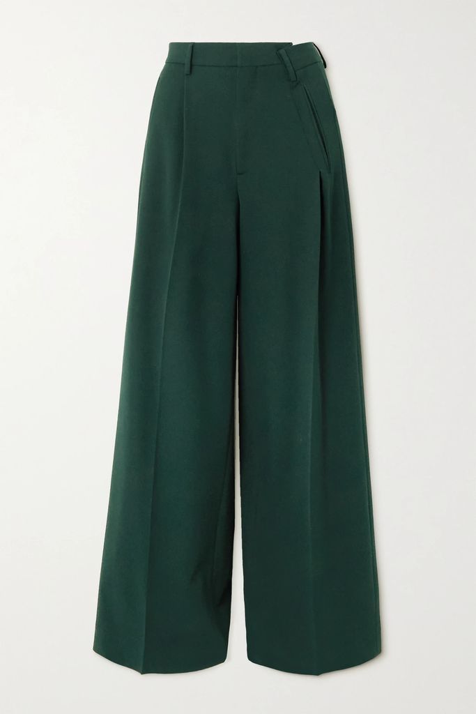 Pleated Stretch-twill Wide-leg Pants - Forest green