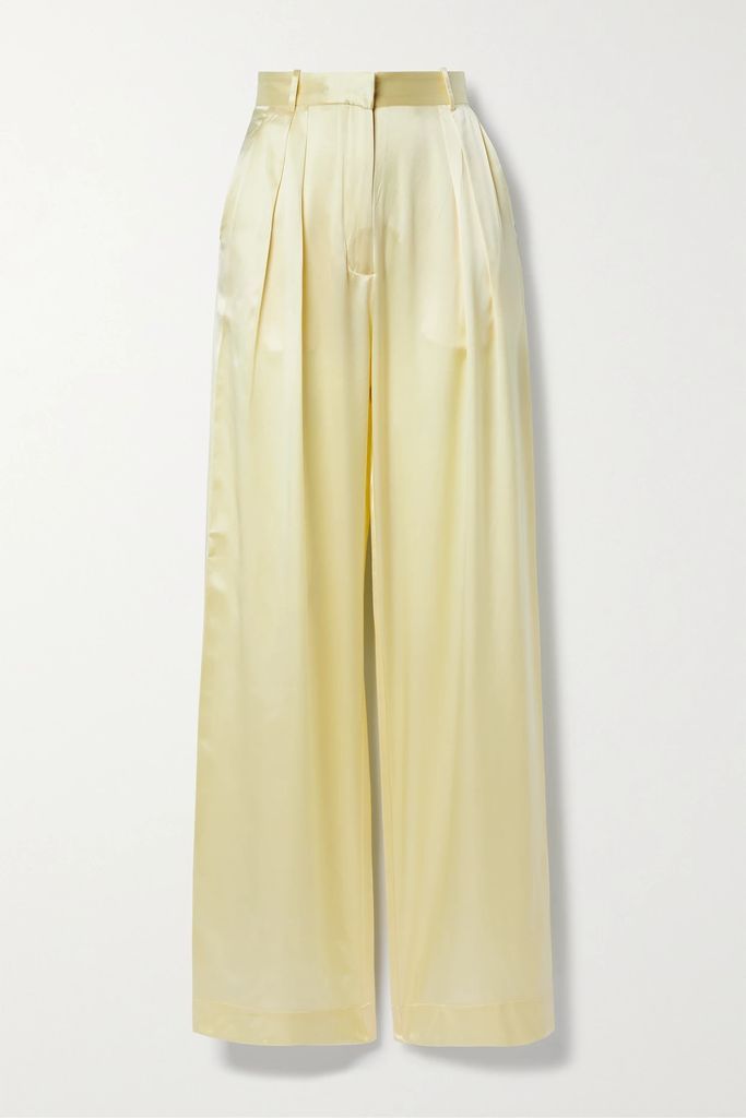 Pleated Silk-satin Wide-leg Pants - Yellow