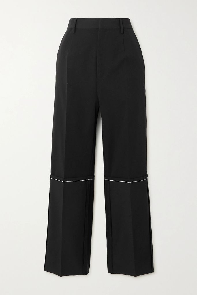 Frayed Embroidered Twill Straight-leg Pants - Black