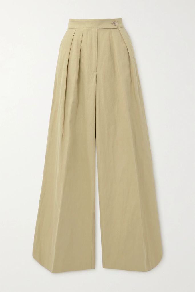 Pleated Cotton And Linen-blend Twill Wide-leg Pants - Tan