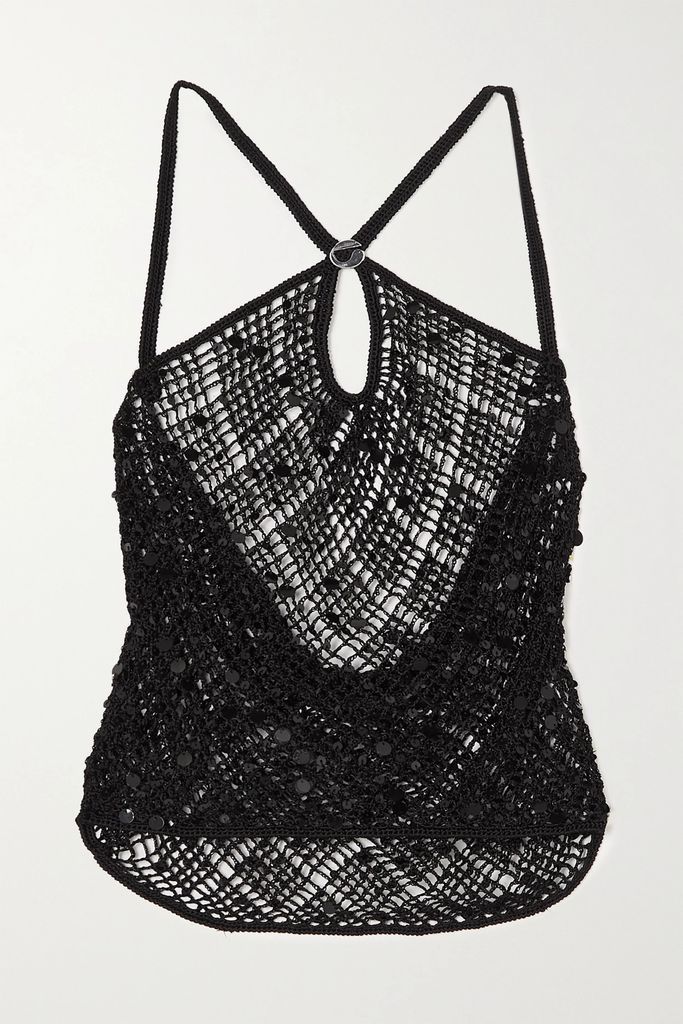 Cutout Embellished Crochet-knit Halterneck Top - Black
