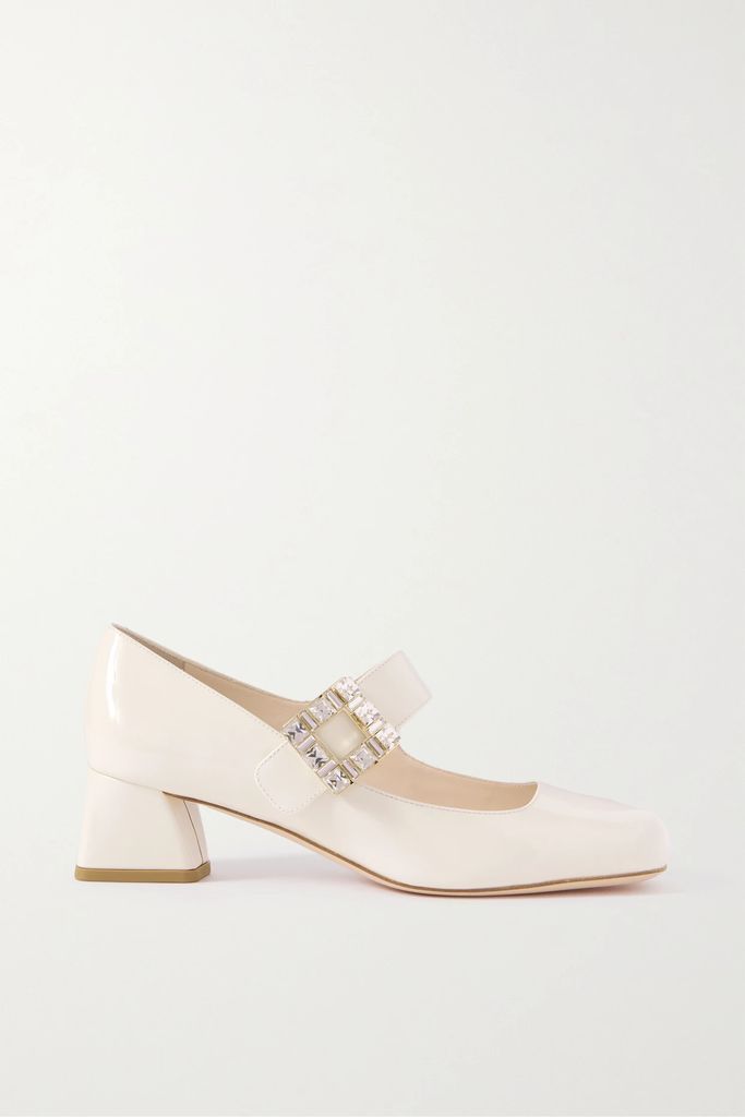 Très Vivier Crystal-embellished Patent-leather Mary Jane Pumps - White