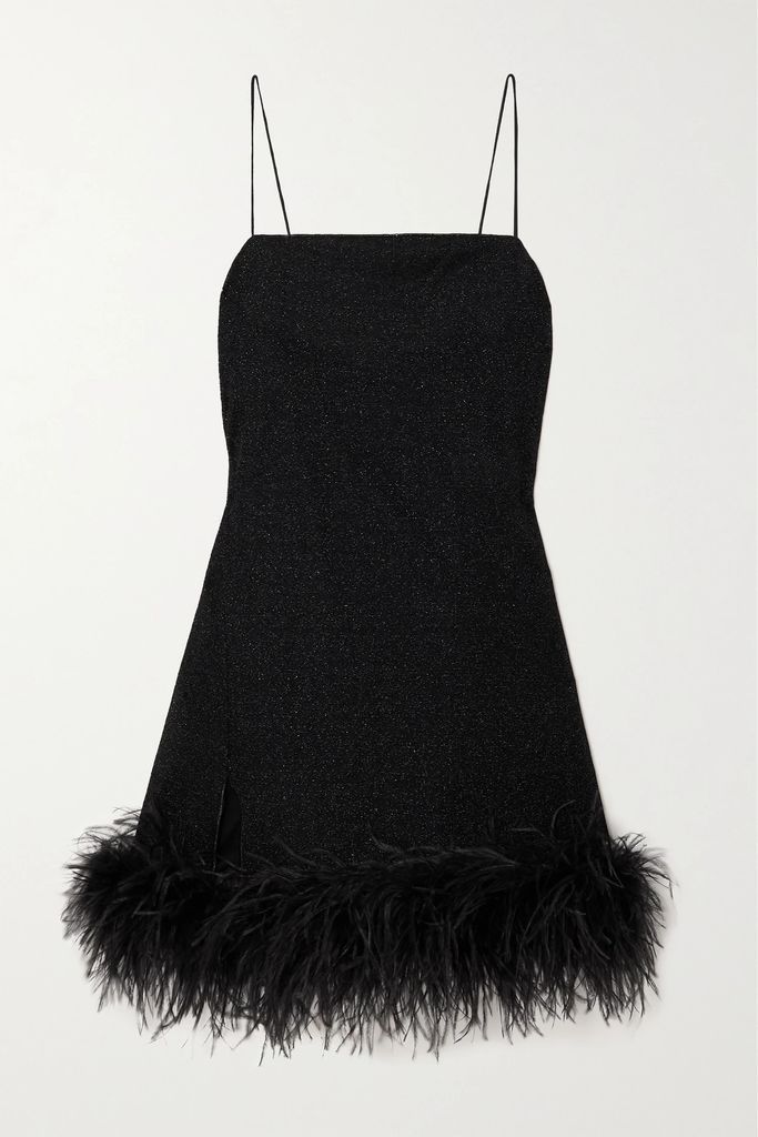 Lumière Feather-trimmed Metallic Stretch-knit Mini Dress - Black