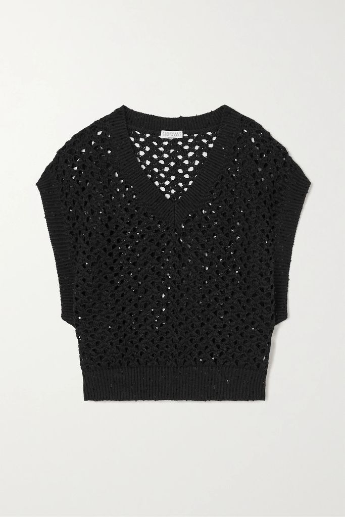 Dazzling Net Embellished Open-knit Cotton, Linen And Silk-blend Vest - Black